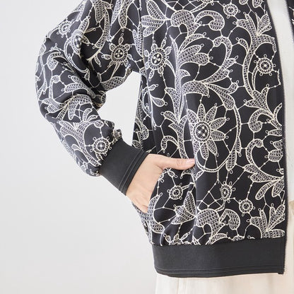 フラワーライン ジップジャケット 花柄 総柄 ノーカラー ブルゾン ライトアウター