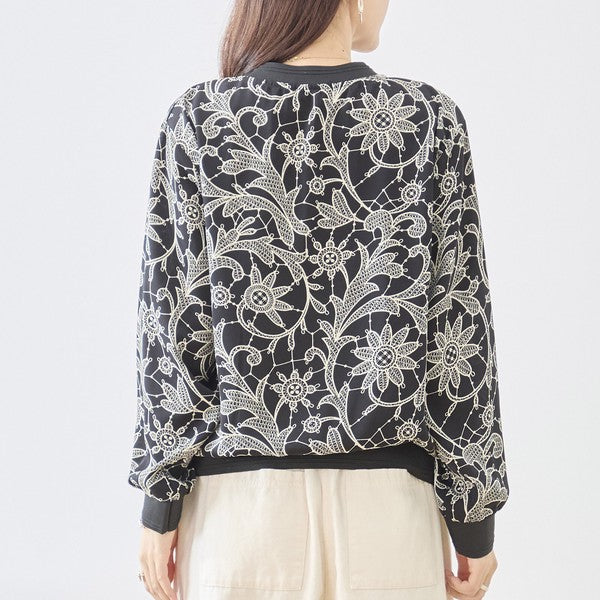 フラワーライン ジップジャケット 花柄 総柄 ノーカラー ブルゾン ライトアウター