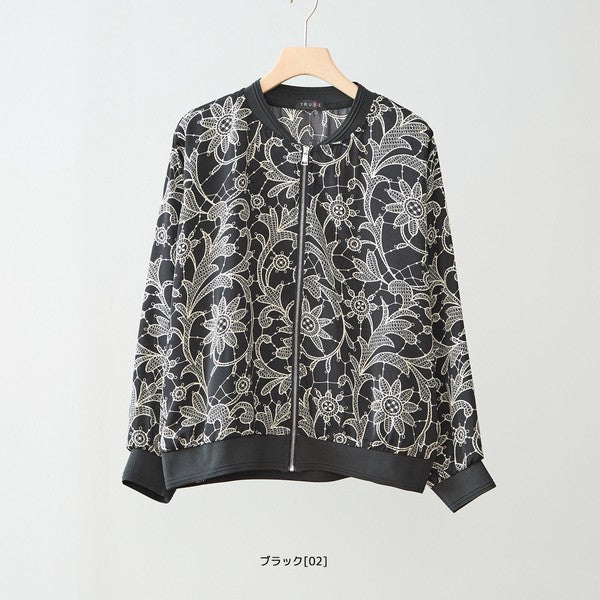 フラワーライン ジップジャケット 花柄 総柄 ノーカラー ブルゾン ライトアウター