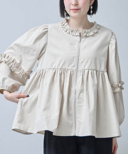 フリルカラー ジップアップ ジャケット ペプラム ギャザー ボリューム袖 ライトアウター