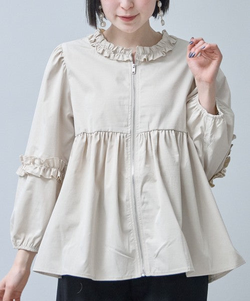 フリルカラー ジップアップ ジャケット ペプラム ギャザー ボリューム袖 ライトアウター