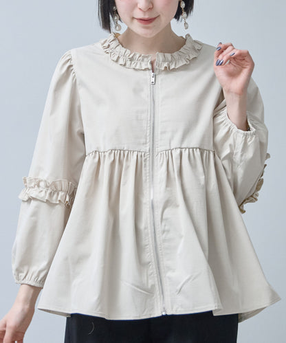 フリルカラー ジップアップ ジャケット ペプラム ギャザー ボリューム袖 ライトアウター