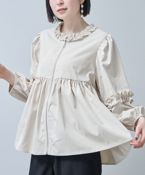 フリルカラー ジップアップ ジャケット ペプラム ギャザー ボリューム袖 ライトアウター