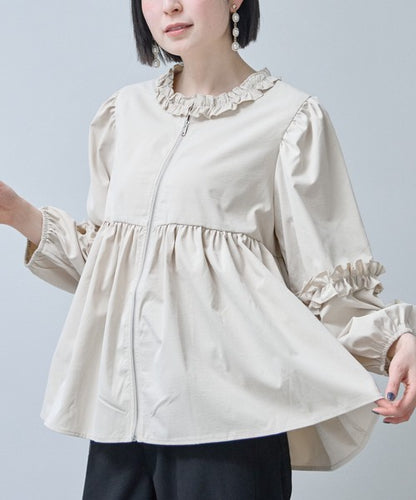 フリルカラー ジップアップ ジャケット ペプラム ギャザー ボリューム袖 ライトアウター