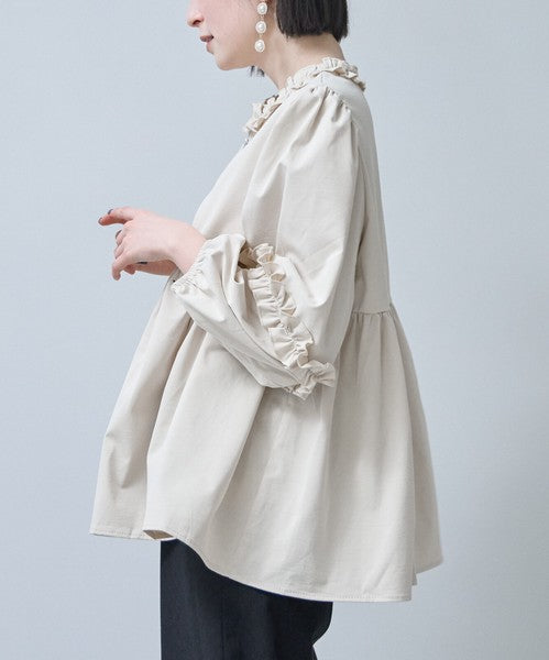 フリルカラー ジップアップ ジャケット ペプラム ギャザー ボリューム袖 ライトアウター