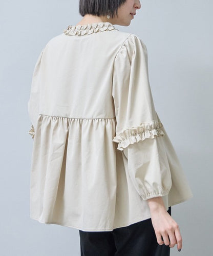 フリルカラー ジップアップ ジャケット ペプラム ギャザー ボリューム袖 ライトアウター