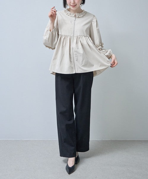 フリルカラー ジップアップ ジャケット ペプラム ギャザー ボリューム袖 ライトアウター