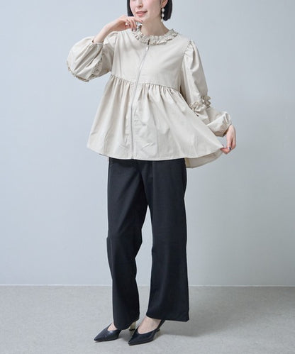 フリルカラー ジップアップ ジャケット ペプラム ギャザー ボリューム袖 ライトアウター