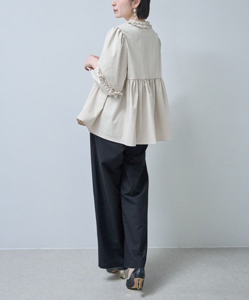 フリルカラー ジップアップ ジャケット ペプラム ギャザー ボリューム袖 ライトアウター