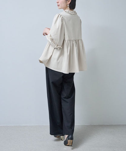 フリルカラー ジップアップ ジャケット ペプラム ギャザー ボリューム袖 ライトアウター