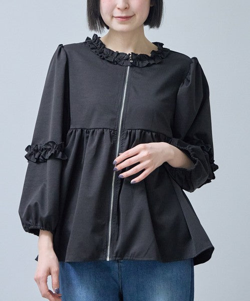 フリルカラー ジップアップ ジャケット ペプラム ギャザー ボリューム