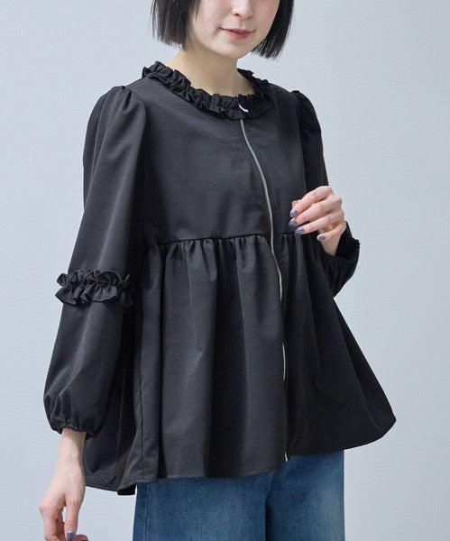 フリルカラー ジップアップ ジャケット ペプラム ギャザー ボリューム袖 ライトアウター