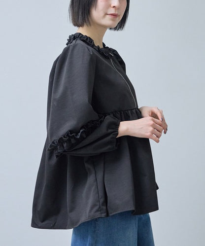 フリルカラー ジップアップ ジャケット ペプラム ギャザー ボリューム袖 ライトアウター