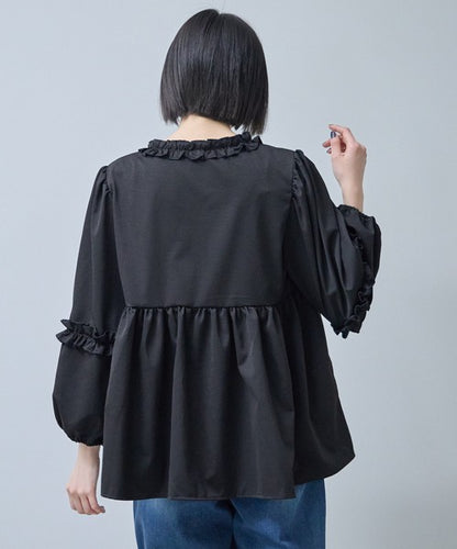 フリルカラー ジップアップ ジャケット ペプラム ギャザー ボリューム袖 ライトアウター