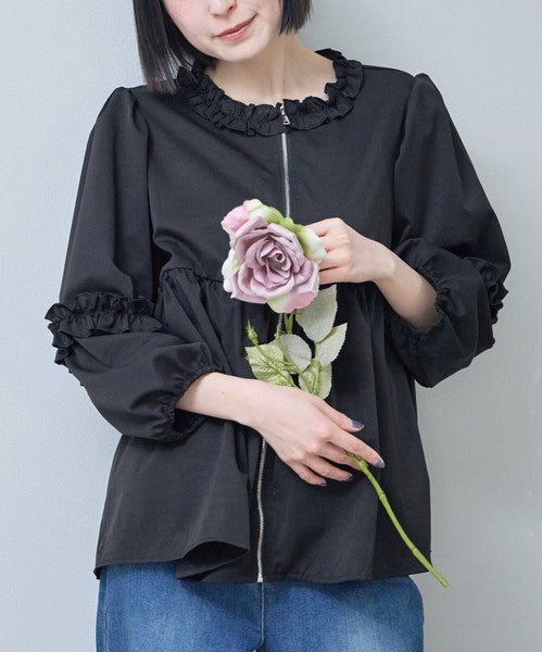 フリルカラー ジップアップ ジャケット ペプラム ギャザー ボリューム袖 ライトアウター