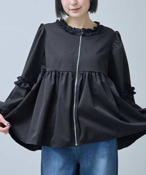 フリルカラー ジップアップ ジャケット ペプラム ギャザー ボリューム袖 ライトアウター