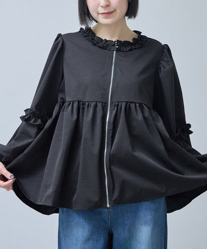 フリルカラー ジップアップ ジャケット ペプラム ギャザー ボリューム袖 ライトアウター