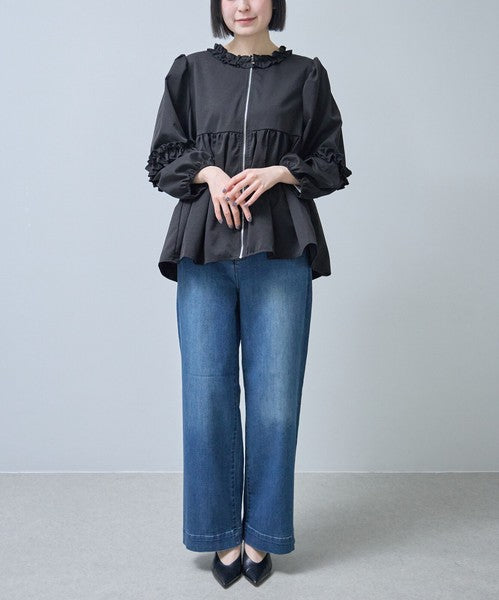 フリルカラー ジップアップ ジャケット ペプラム ギャザー ボリューム袖 ライトアウター