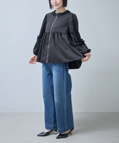 フリルカラー ジップアップ ジャケット ペプラム ギャザー ボリューム袖 ライトアウター