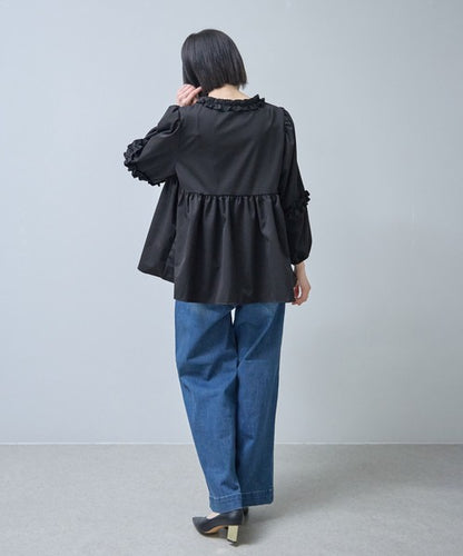 フリルカラー ジップアップ ジャケット ペプラム ギャザー ボリューム袖 ライトアウター