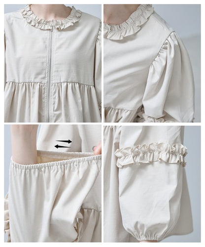 フリルカラー ジップアップ ジャケット ペプラム ギャザー ボリューム袖 ライトアウター