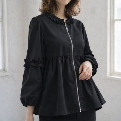 フリルカラー ジップアップ ジャケット ペプラム ギャザー ボリューム袖 ライトアウター