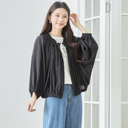 ギャザーネック ジップブルゾン ライトアウター 透け感 羽織り ブラウス風 長袖