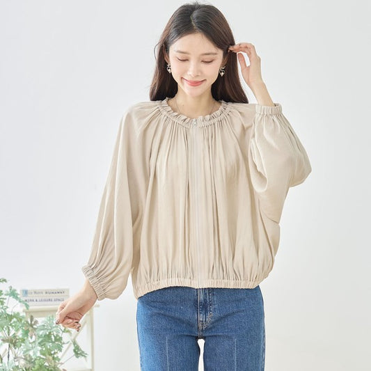 ギャザーネック ジップブルゾン ライトアウター 透け感 羽織り ブラウス風 長袖