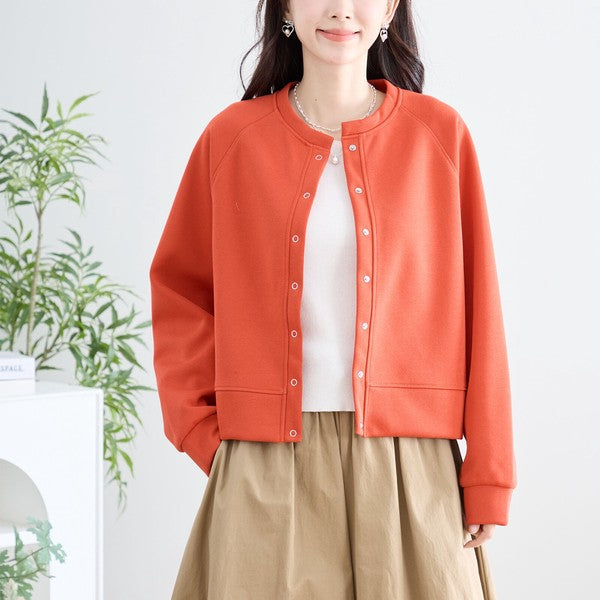 スナップボタン スウェット カーディガン 長袖 クルーネック ライトアウター カラバリ豊富