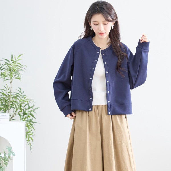 スナップボタン スウェット カーディガン 長袖 クルーネック ライトアウター カラバリ豊富