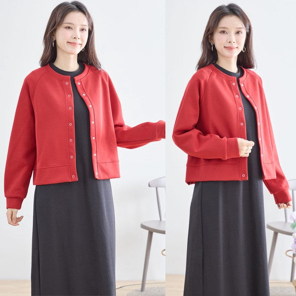 スナップボタン スウェット カーディガン 長袖 クルーネック ライトアウター カラバリ豊富