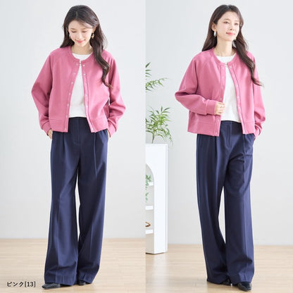 スナップボタン スウェット カーディガン 長袖 クルーネック ライトアウター カラバリ豊富