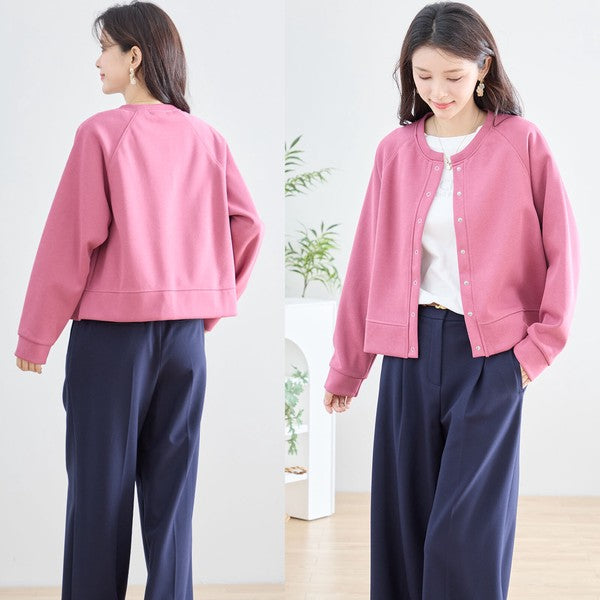 スナップボタン スウェット カーディガン 長袖 クルーネック ライトアウター カラバリ豊富