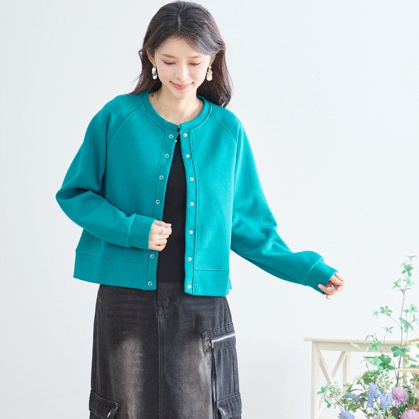 スナップボタン スウェット カーディガン 長袖 クルーネック ライトアウター カラバリ豊富