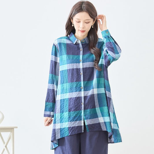 グリーンネイビー チェック柄 ロングシャツ チュニック 長袖 前後差 ゆったり 綿100% 春 夏 羽織り