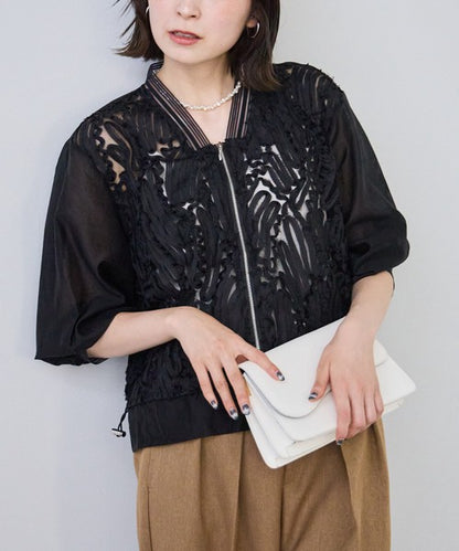 コード刺繍 シアー ブルゾン ライトアウター 長袖 裾ドロスト ゆったり 体型カバー