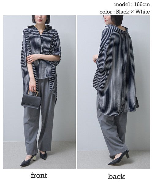 背面のデザイン。長めの着丈と縦のストライプラインが、後ろ姿をスマートに演出するバックショット。