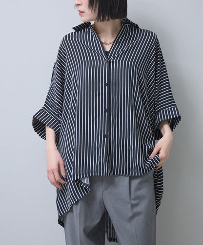 ストライプ柄 ドルマンスリーブ チュニック シャツ 半袖 前後差 体型カバー 春 夏
