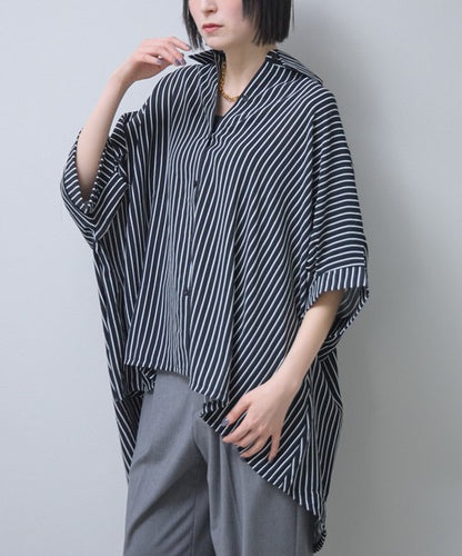 ストライプ柄 ドルマンスリーブ チュニック シャツ 半袖 前後差 体型カバー 春 夏