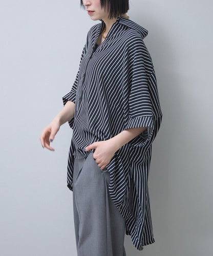 ストライプ柄 ドルマンスリーブ チュニック シャツ 半袖 前後差 体型カバー 春 夏