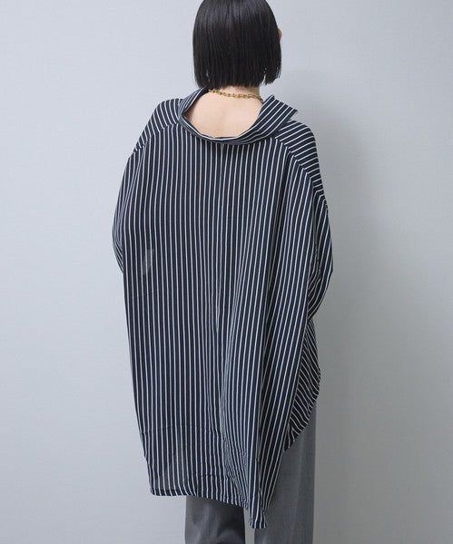 ストライプ柄 ドルマンスリーブ チュニック シャツ 半袖 前後差 体型カバー 春 夏