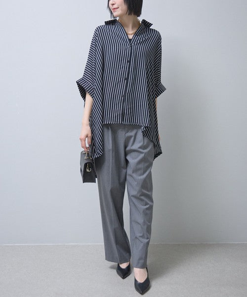 ストライプ柄 ドルマンスリーブ チュニック シャツ 半袖 前後差 体型カバー 春 夏