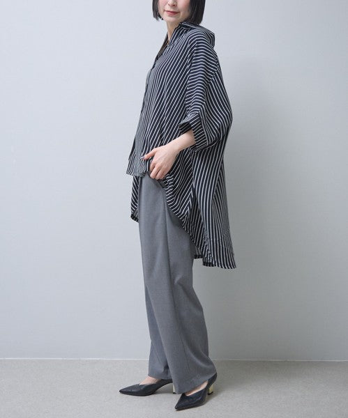 ストライプ柄 ドルマンスリーブ チュニック シャツ 半袖 前後差 体型カバー 春 夏