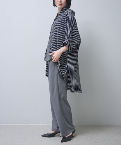 ストライプ柄 ドルマンスリーブ チュニック シャツ 半袖 前後差 体型カバー 春 夏