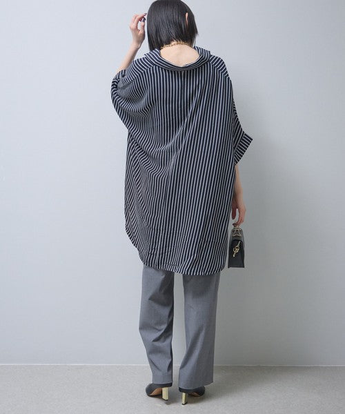 ストライプ柄 ドルマンスリーブ チュニック シャツ 半袖 前後差 体型カバー 春 夏