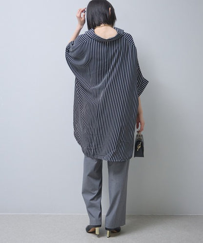 ストライプ柄 ドルマンスリーブ チュニック シャツ 半袖 前後差 体型カバー 春 夏