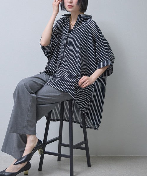 ストライプ柄 ドルマンスリーブ チュニック シャツ 半袖 前後差 体型カバー 春 夏