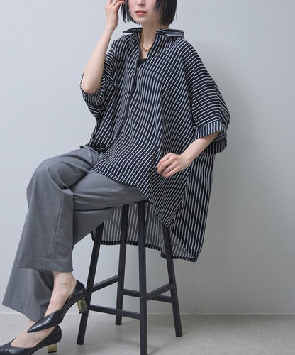 ストライプ柄 ドルマンスリーブ チュニック シャツ 半袖 前後差 体型カバー 春 夏