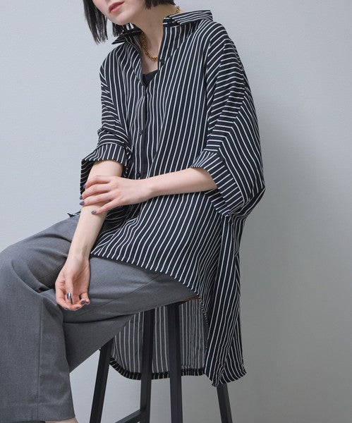 ストライプ柄 ドルマンスリーブ チュニック シャツ 半袖 前後差 体型カバー 春 夏