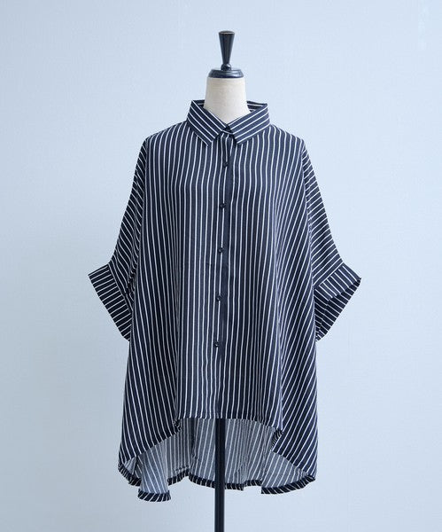 ストライプ柄 ドルマンスリーブ チュニック シャツ 半袖 前後差 体型カバー 春 夏